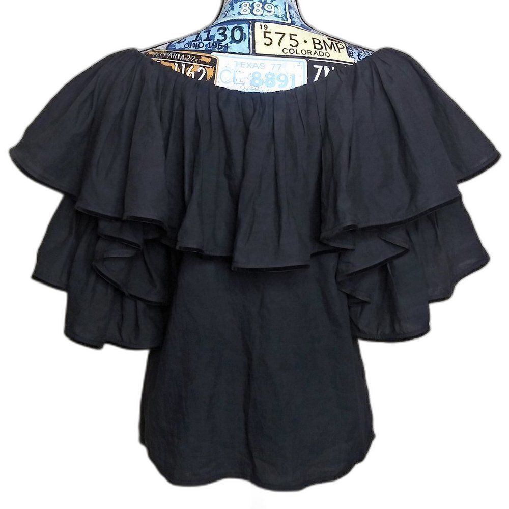 RHODE RESORT Blanca Off Shoulder Tiered Ruffle Top Cotton-Voile Neck Tie Black - Picture 5 of 12